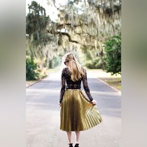 On the Road Gold Pleated Midi Skirt - Size M
